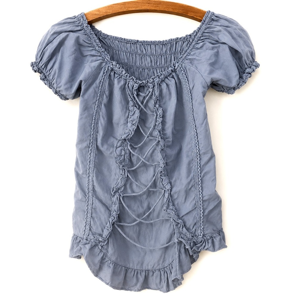 Womens Blouse Size 8 READ Slate Blue Lace Up Smock Ren Faire Milkmaid Coquette